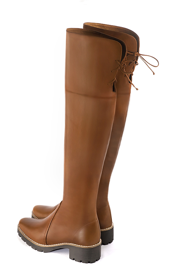 Caramel brown women's leather thigh-high boots. Round toe. Low rubber soles. Made to measure. Rear view - Florence KOOIJMAN